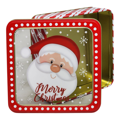 Boîte à biscuits carrée avec fenêtre - Joyeux Noël, visage du Père Noël