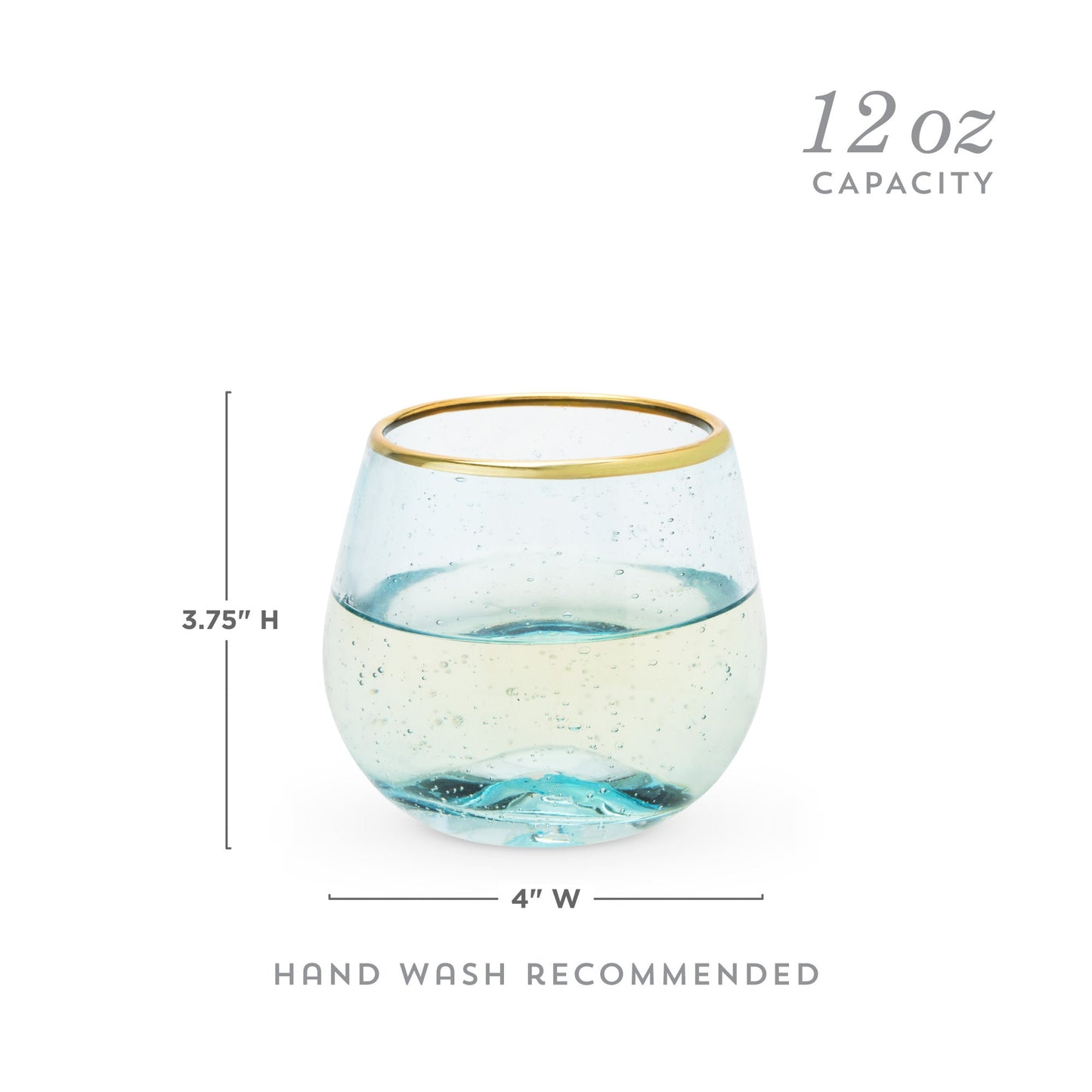 Aqua Bubble Stemless Wine Glasses and Gold Rim