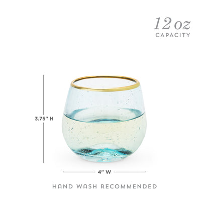 Aqua Bubble Stemless Wine Glasses and Gold Rim