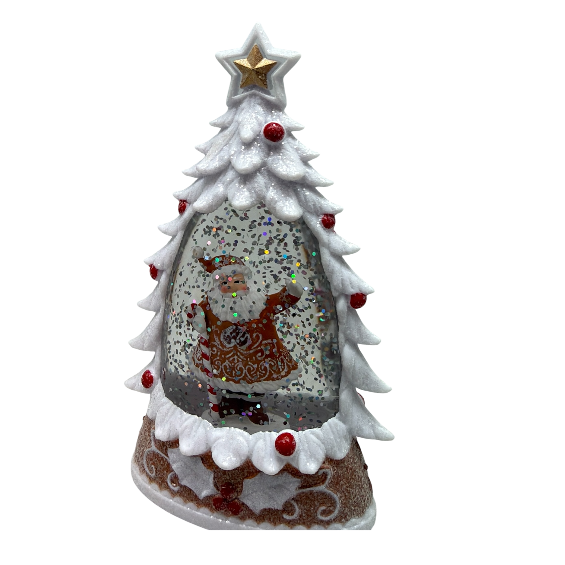 Lighted Gingerbread Santa Water Globe featuring a frosted white tree, gold star, red accents on Tampa Home & Garden Store