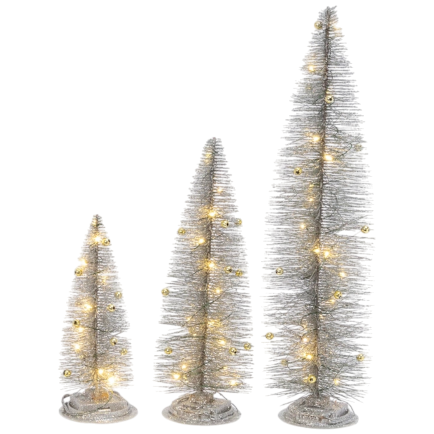 Lighted bottle brush trees set of 3 in silver with warm LEDs by The Country Christmas Loft on Tampa Home & Garden Store