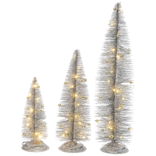 Lighted bottle brush trees set of 3 in silver with warm LEDs by The Country Christmas Loft on Tampa Home & Garden Store