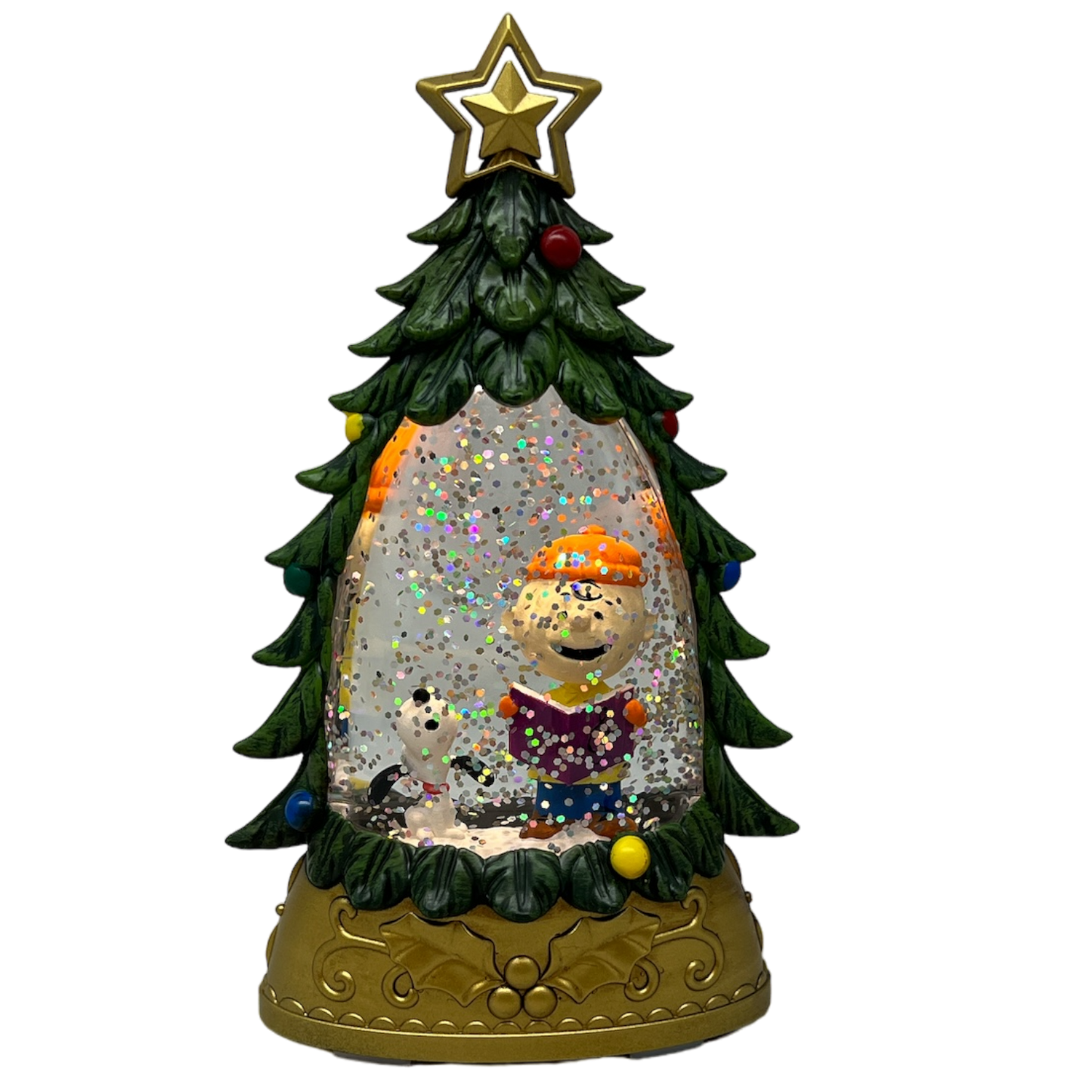 Lighted Snoopy Shimmer Tree snow globe with Snoopy and Charlie Brown inside winter scene by The Country Christmas Loft on Tampa Home & Garden Store