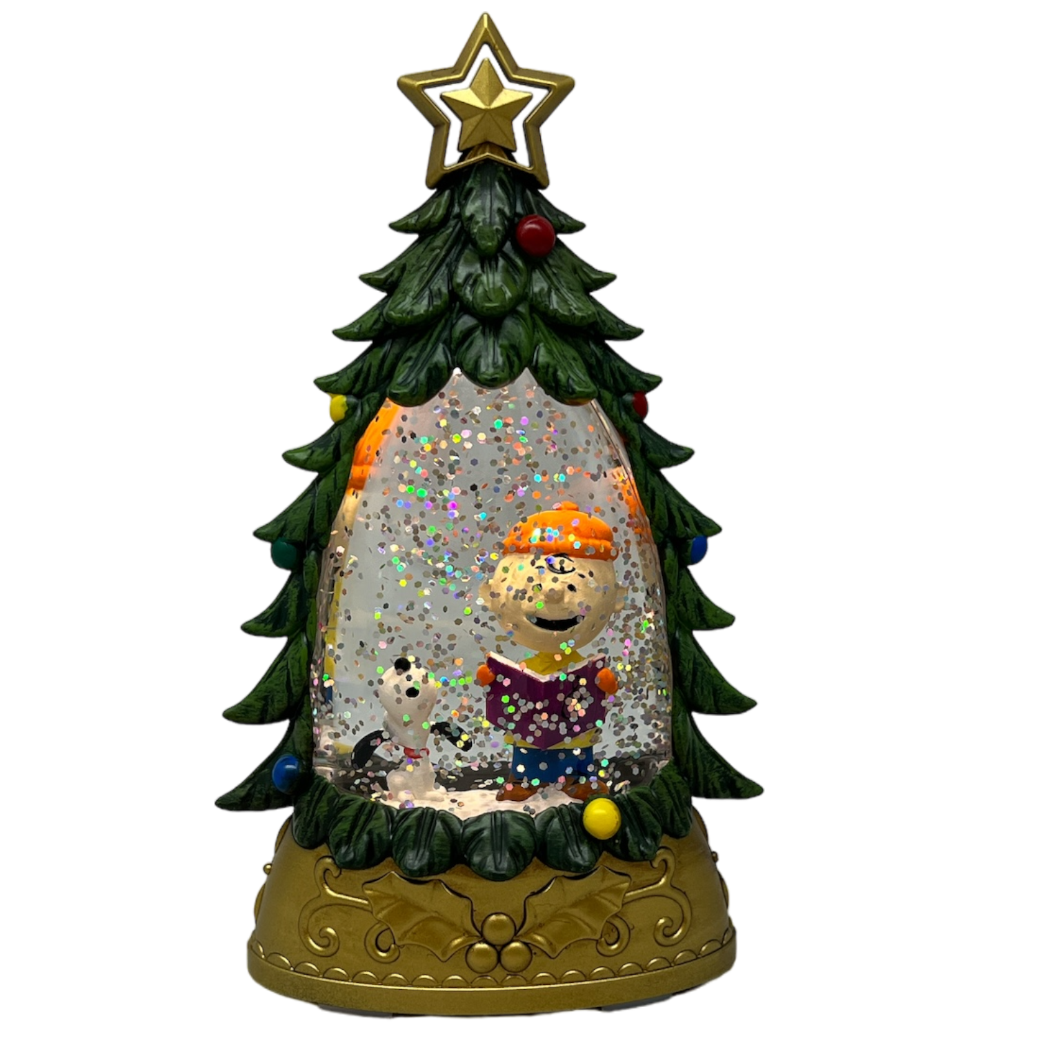 Lighted Snoopy Shimmer Tree snow globe with Snoopy and Charlie Brown inside winter scene by The Country Christmas Loft on Tampa Home & Garden Store