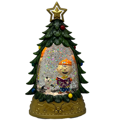 Lighted Snoopy Shimmer Tree snow globe with Snoopy and Charlie Brown inside winter scene by The Country Christmas Loft on Tampa Home & Garden Store