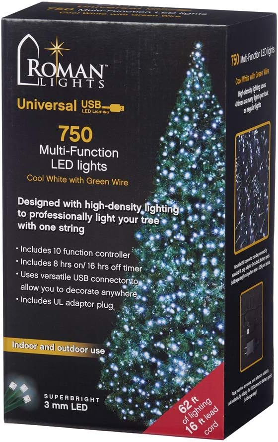 Luces multifunción de cable verde de 750 LED superbrillantes (19 metros) con temporizador y alimentación por USB - Blanco frío