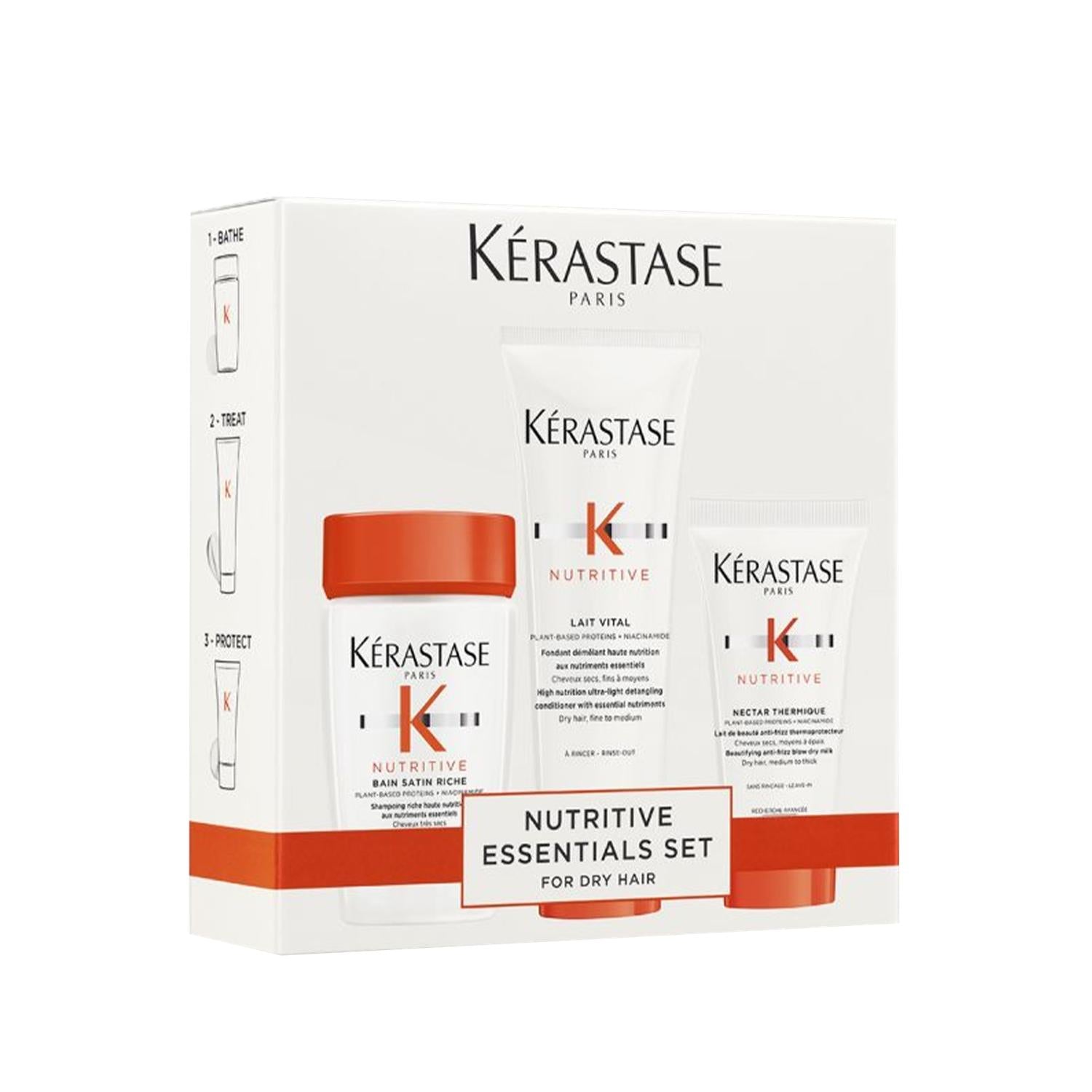 Kerastase Nutritive Essentials Set for Dry Hair with white tubes and orange-cap jar on Tampa Home & Garden Store