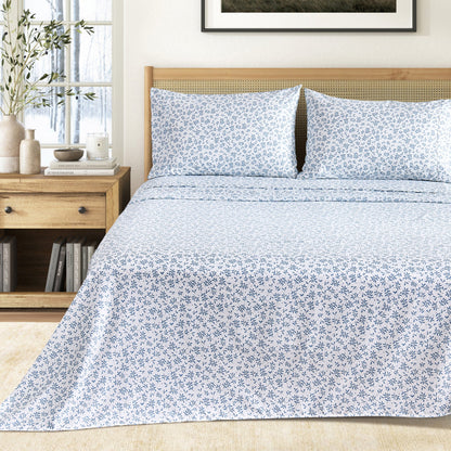Printed Sheet Set Baylor Collection by Great Bay Home in blue floral print on white on Tampa Home & Garden Store
