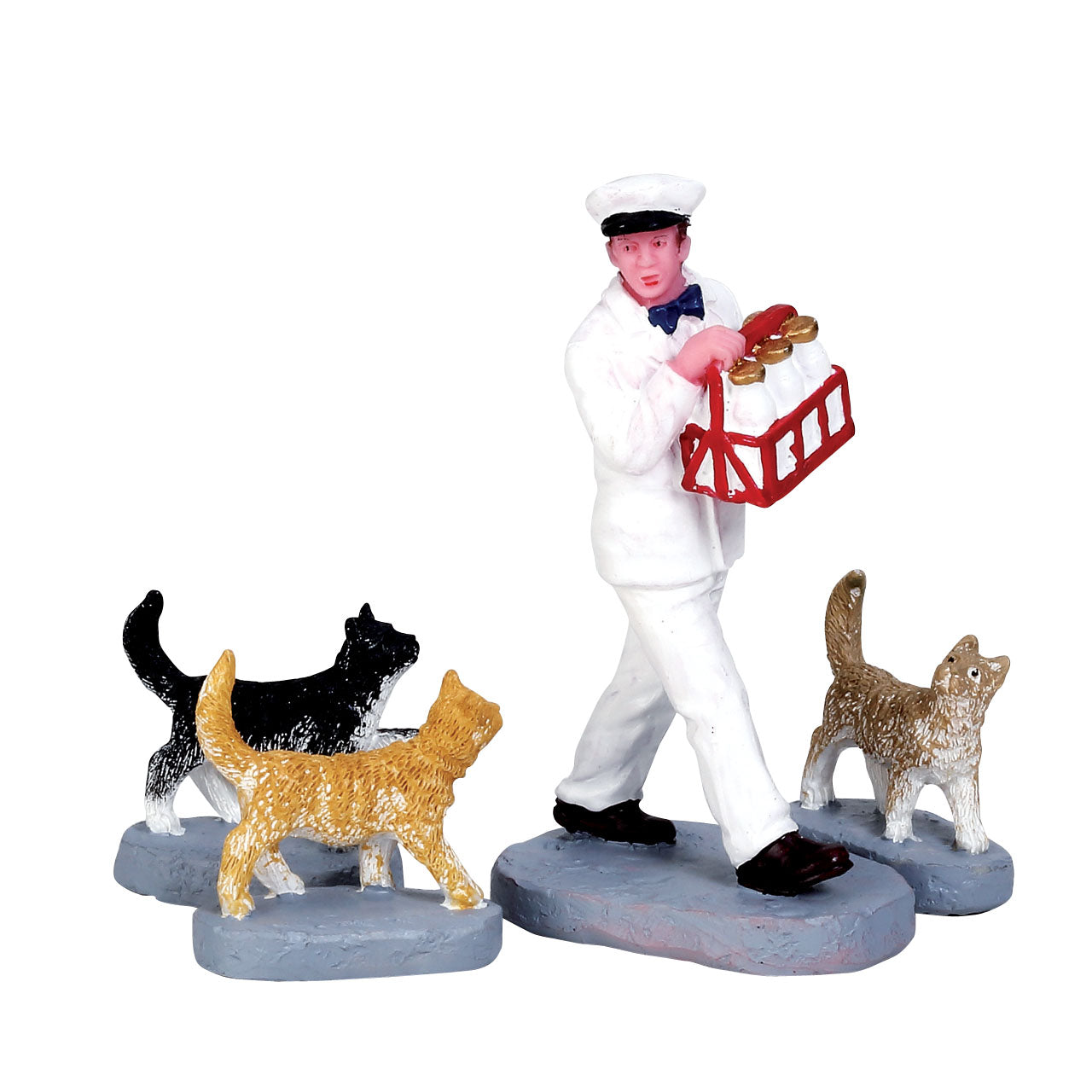 Merry Milkman 4-piece set: white milkman with red bread basket and 3 dogs on gray base on Tampa Home & Garden Store