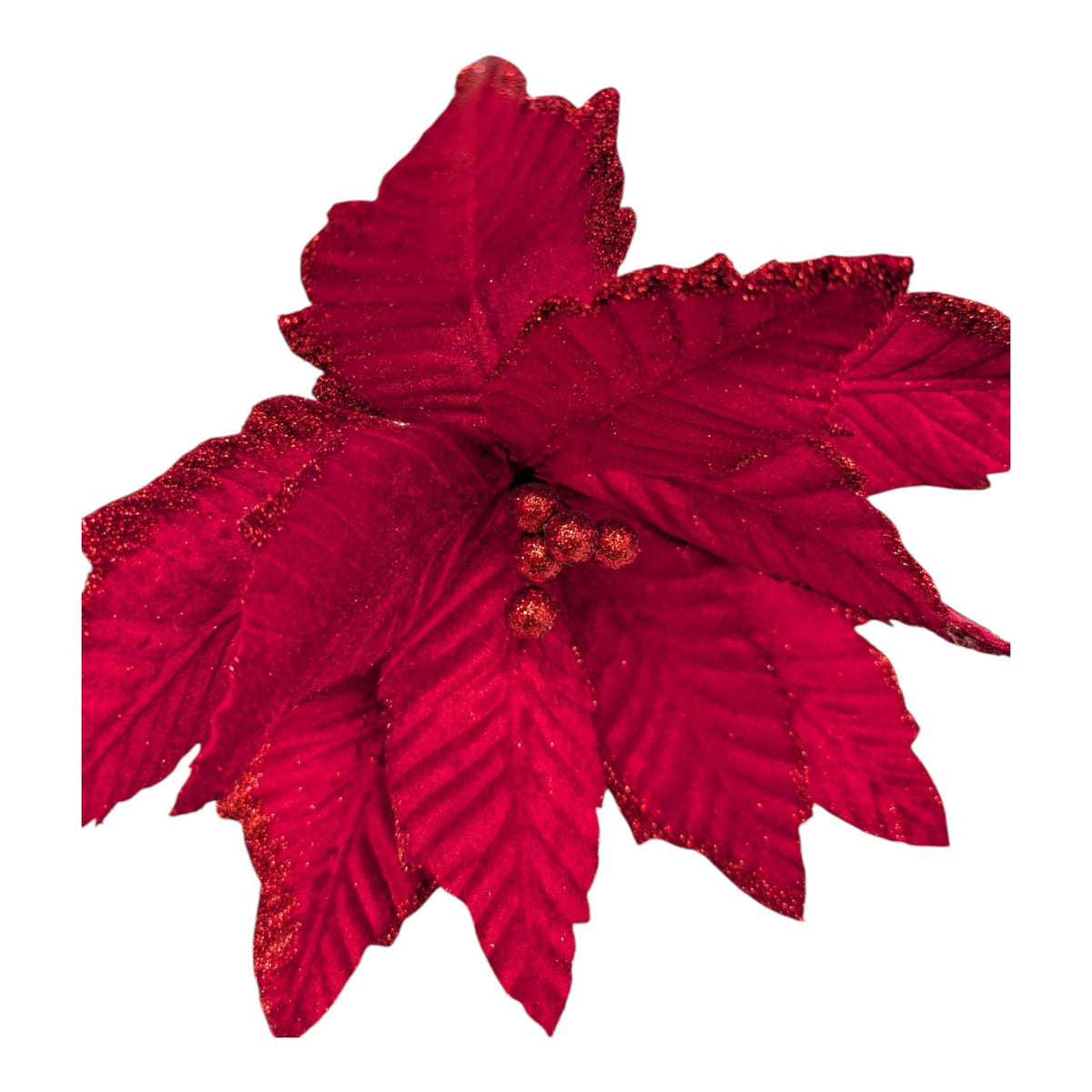 Red poinsettia pick petal with glitter detail from artificial flowering plant on Tampa Home & Garden Store