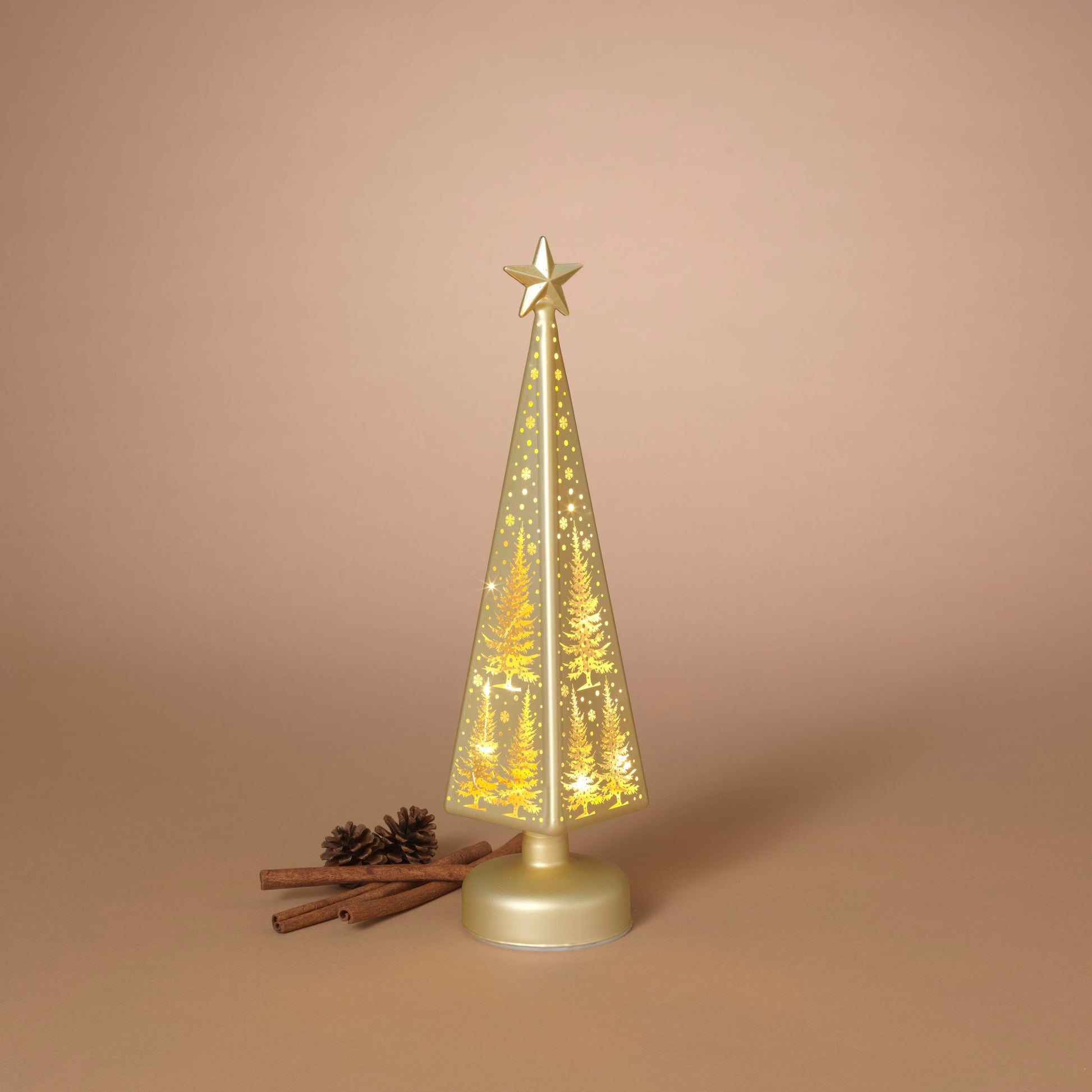 Etched glass tree LED luminary with star topper, gold finish by The Country Christmas Loft on Tampa Home & Garden Store
