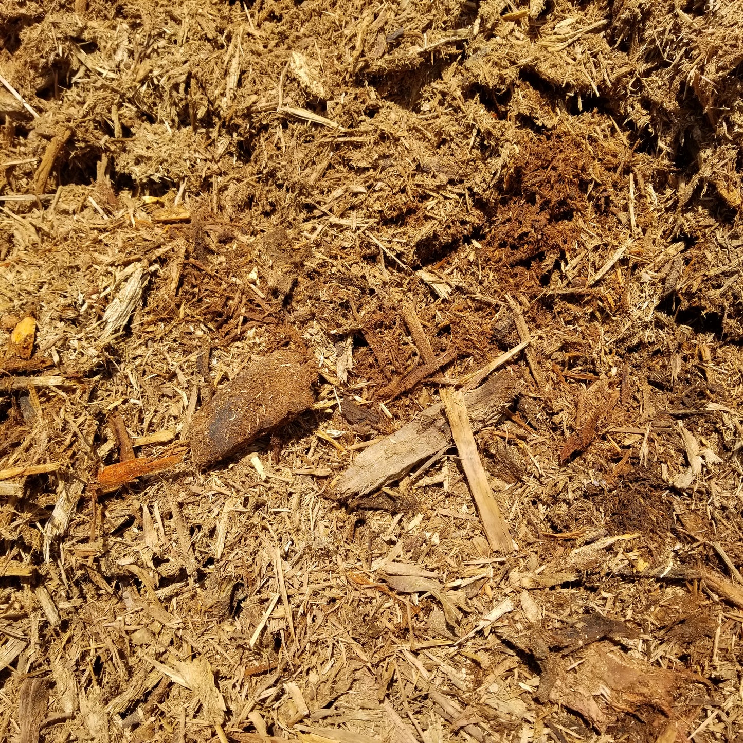 Closeup of single grind mulch for sale delivered and spread out.